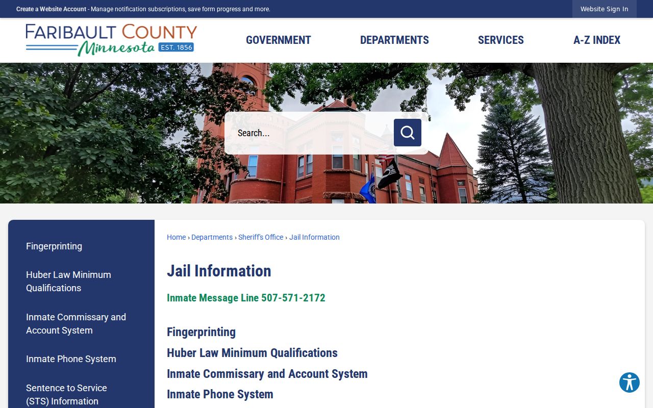 Faribault County jail information page showing Law Enforcement Center contacts and custody-related links