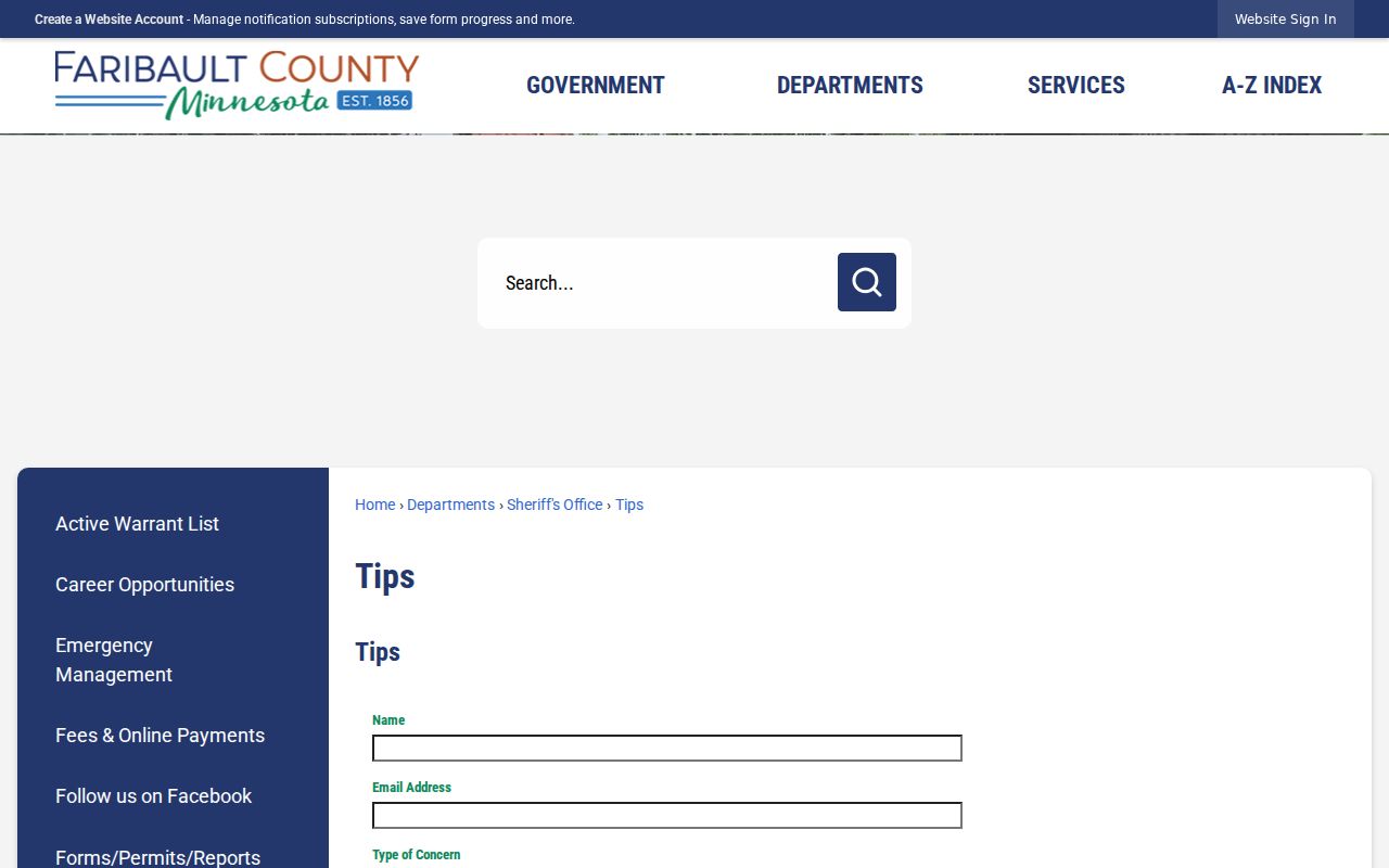 Faribault County Tips page shown as a general reporting channel rather than a most wanted roster