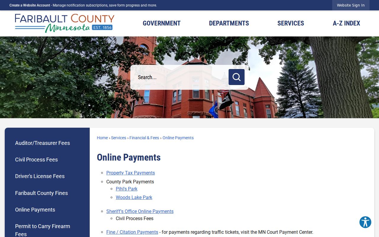 Faribault County online payments directory showing Sheriff and court payment routes for warrants and citations