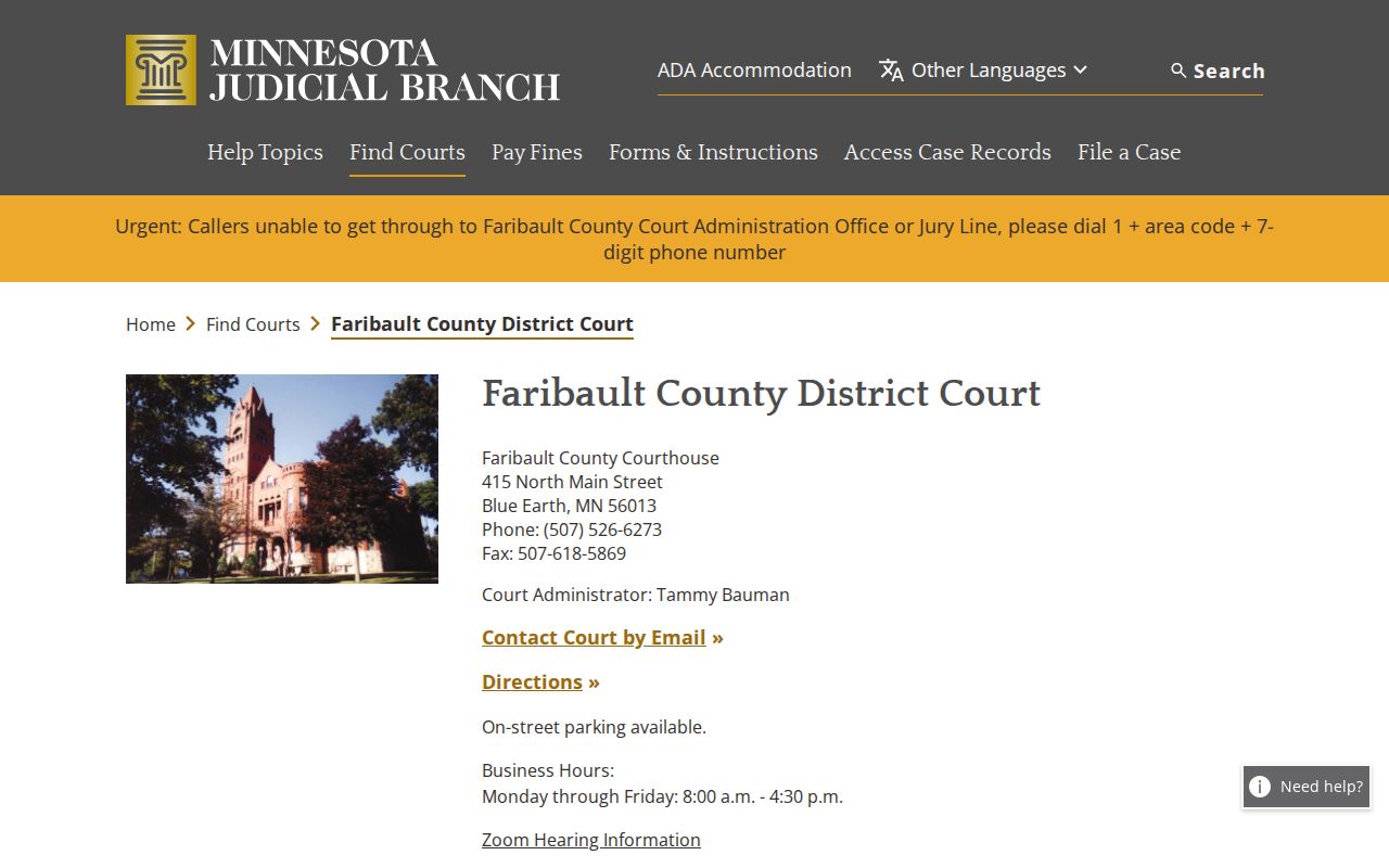 Faribault County District Court page with courthouse address, Court Administrator contact, and jurisdiction details