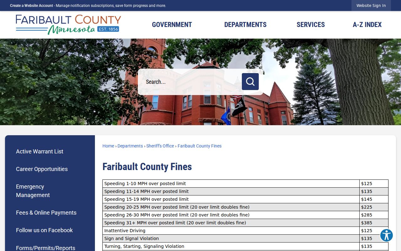 Faribault County fines page showing posted ticket amounts and the warning about warrants and license suspension