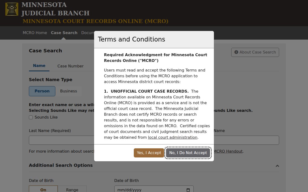 Minnesota Court Records Online search controls used to trace a Faribault County bench warrant case number