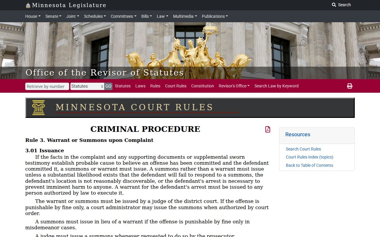Minnesota Rule 3 text covering Faribault County warrant issuance, contents, and execution rules