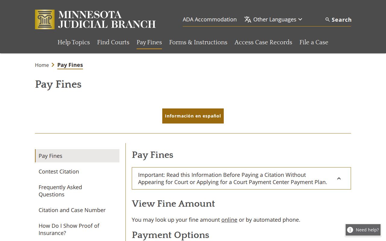 Minnesota Court Pay a Fine page showing payment methods and the Faribault County warrant and license warning