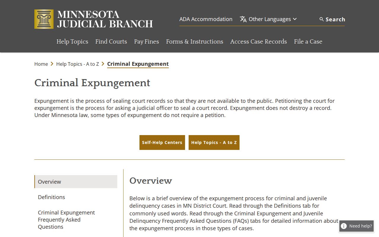 Minnesota Courts page explaining how expungement seals rather than destroys qualifying Faribault County court records