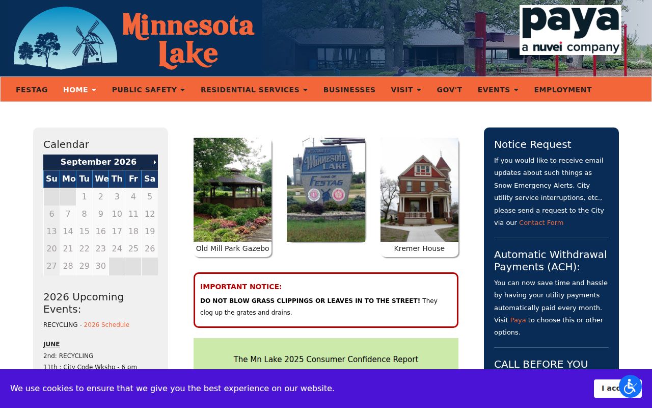 Minnesota Lake City Hall page showing the city contact details used for warrant question routing