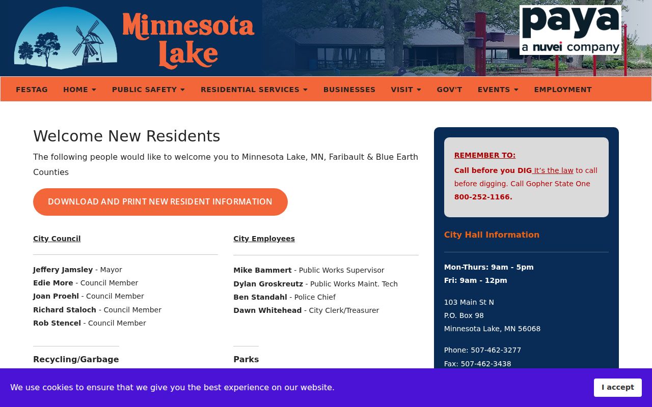 Minnesota Lake new-resident page listing city emergency contacts and police routing information