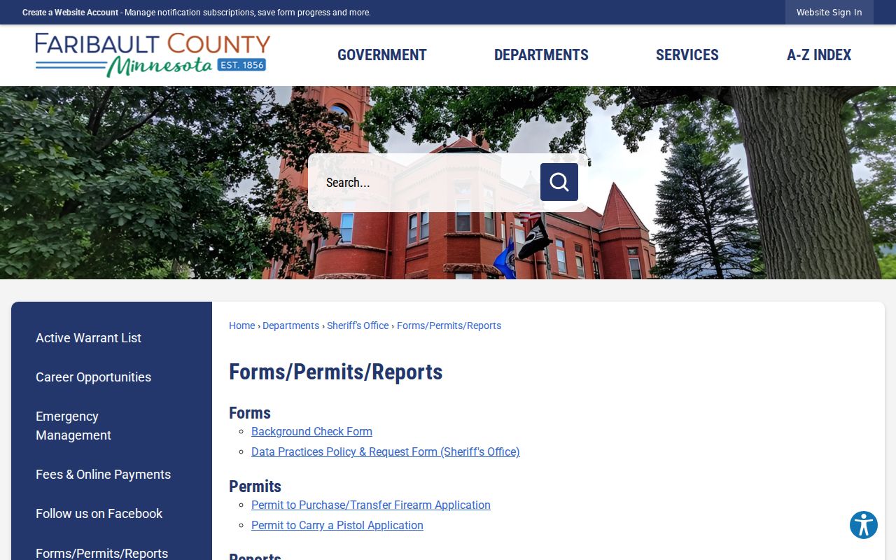 Faribault County Sheriff forms and reports page showing the Data Practices Policy and public request route